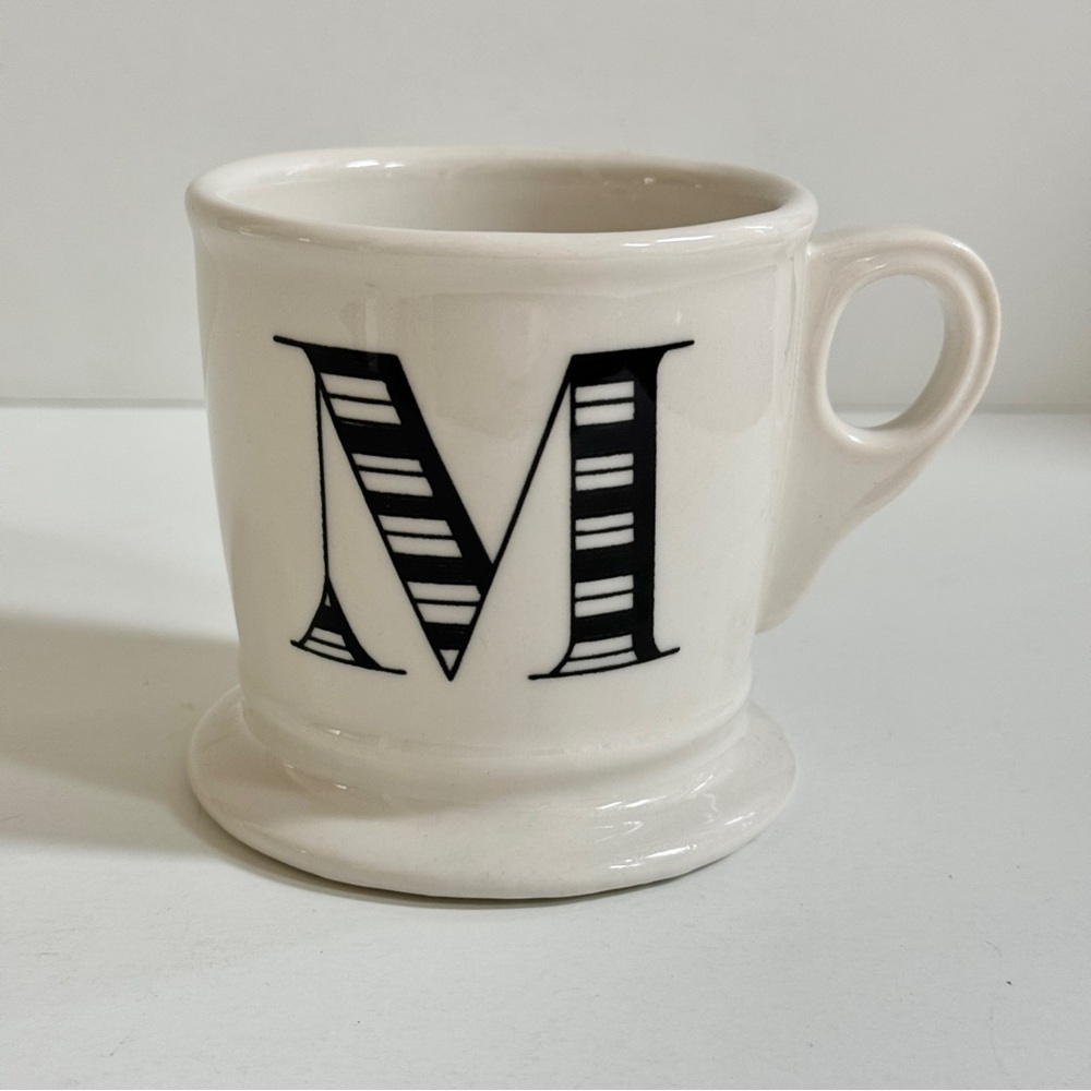 Anthropologie Shaving Mug Coffee Cup Monogram Initial Letter M White Black